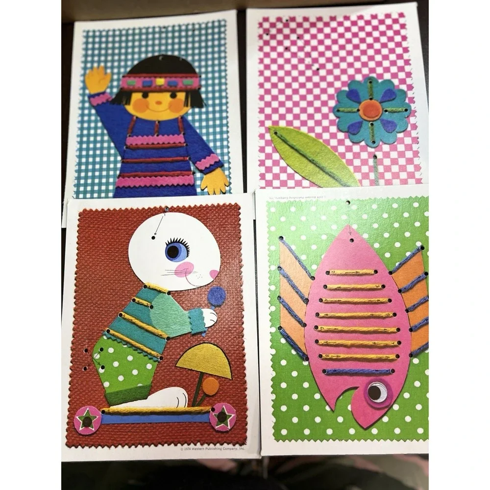 1974 Whitman Simple Sew-Ons‎ Lacing Cards Set Vintage Kids Craft Box **READ